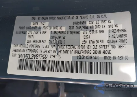 2021 Mazda Cx-30 Premium z USA, uszkodzony, nr VIN 3MVDMBDL3MM317892